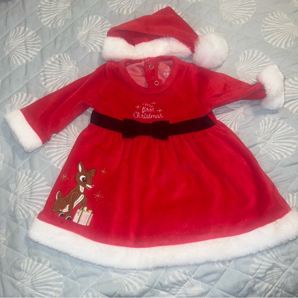 Rudolph the Red Nose Reindeer Christmas Baby Dress with Santa Hat